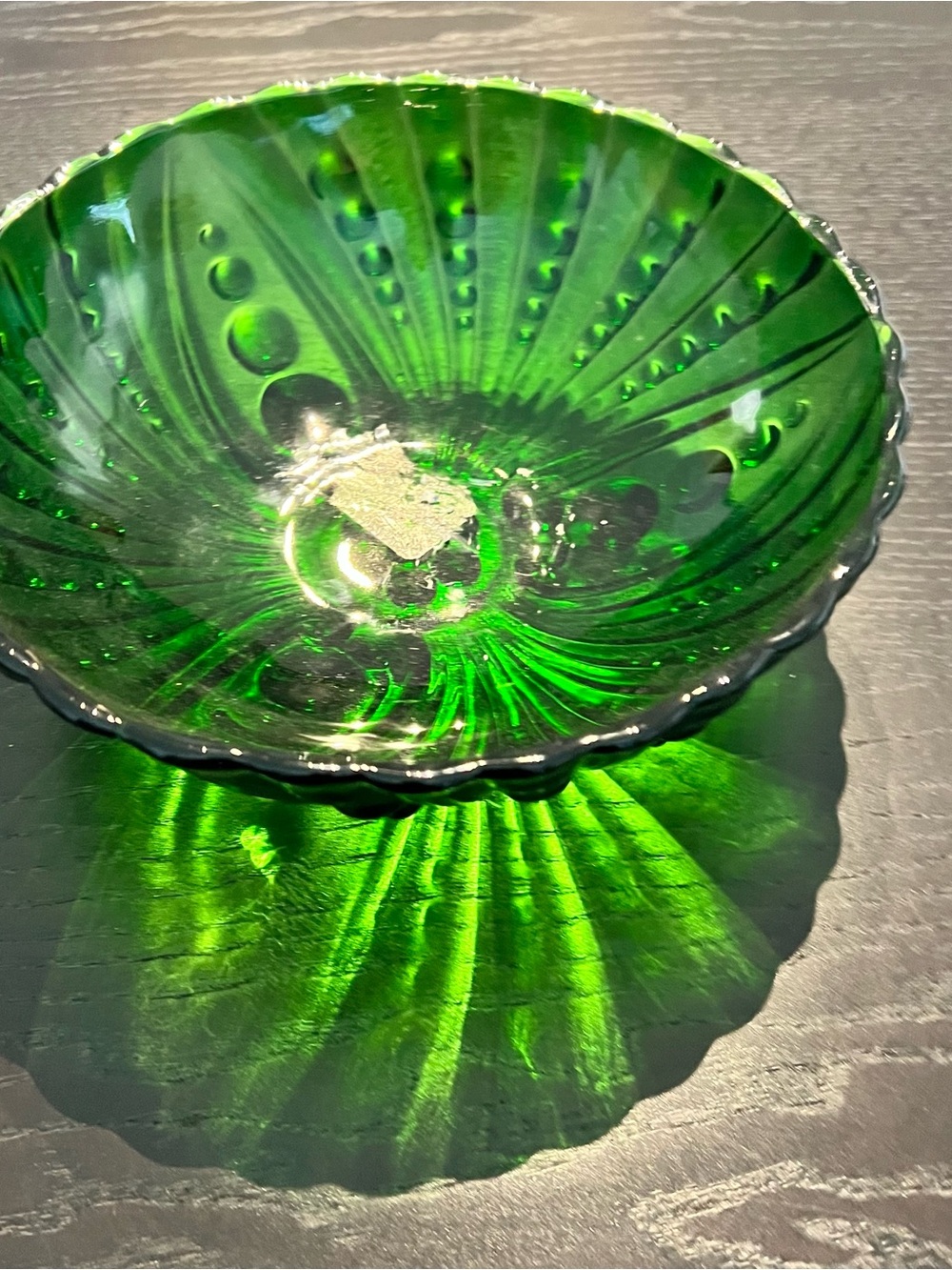 Vintage Green Pressed Glass Bowl with Radiant Pattern